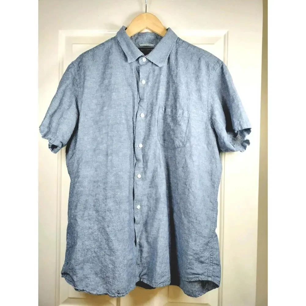 Banana Republic Men's XL Linen Cotton Shirt Slim Fit Blue Short Sleeve‎ Casual